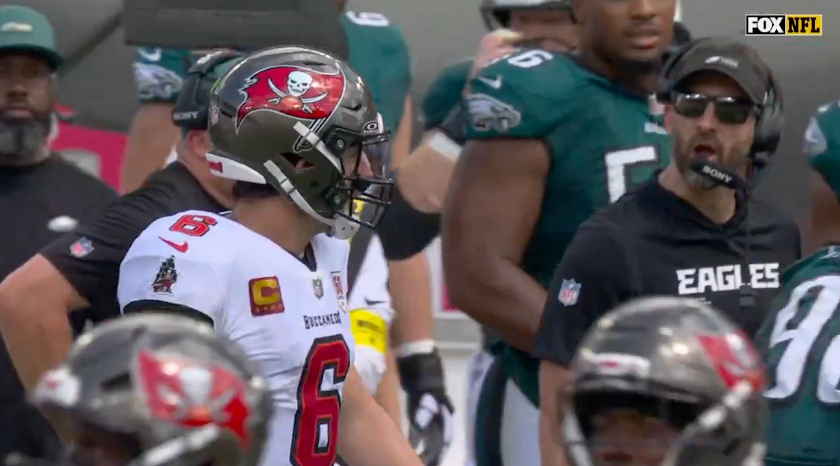 Philadelphia Eagles hea coach Nick Sirianni jaws at Tampa Bay Buccaneers quarterback Baker Mayfield from sideline.